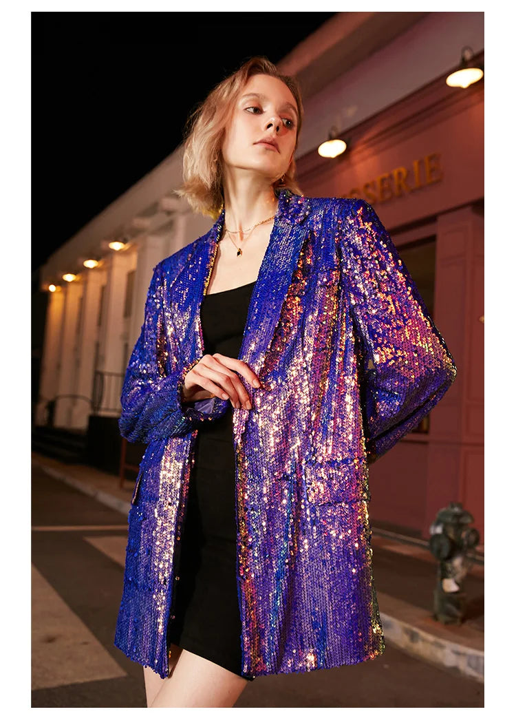 Sequin Notched Single Button Pockets Slim Colourful Blazer