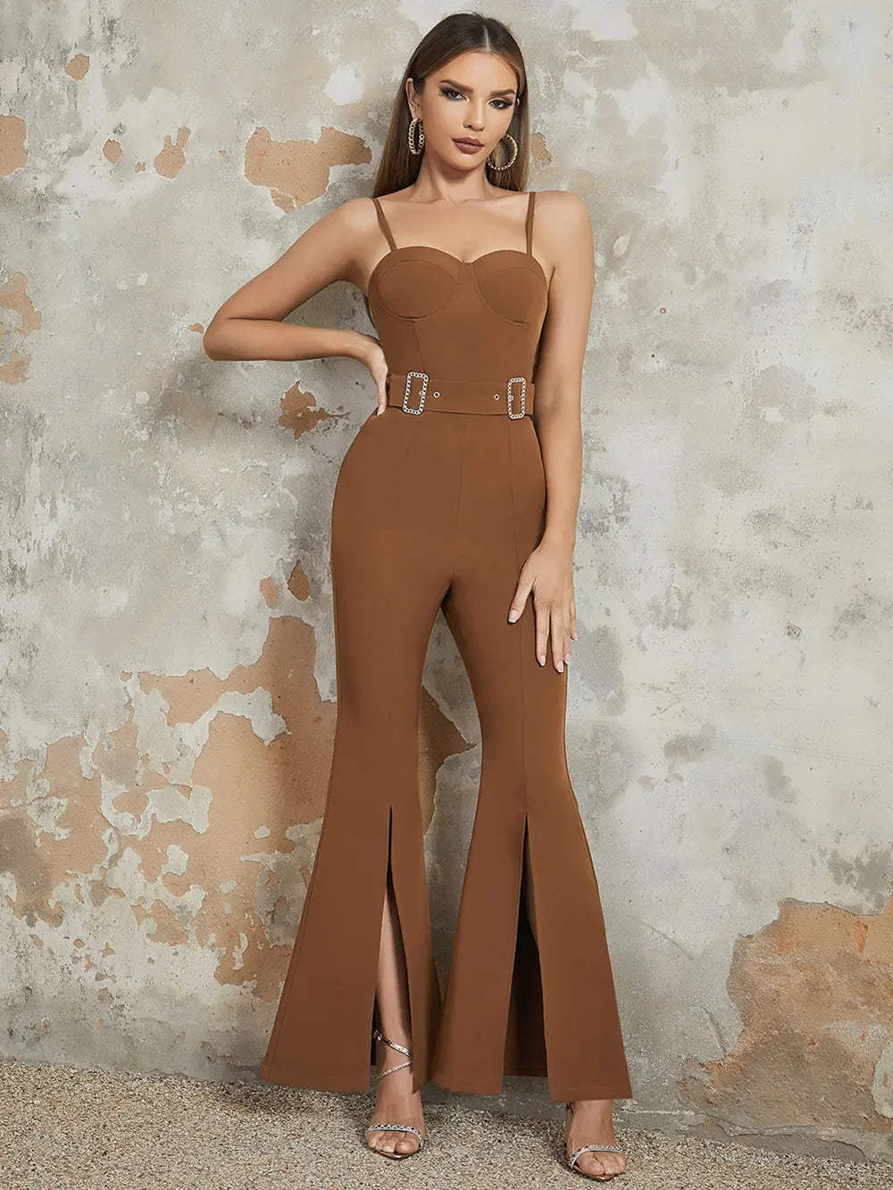 Loudspeaker Spaghetti Strap Sleeveless Belt Backless Flare Jumpsuit