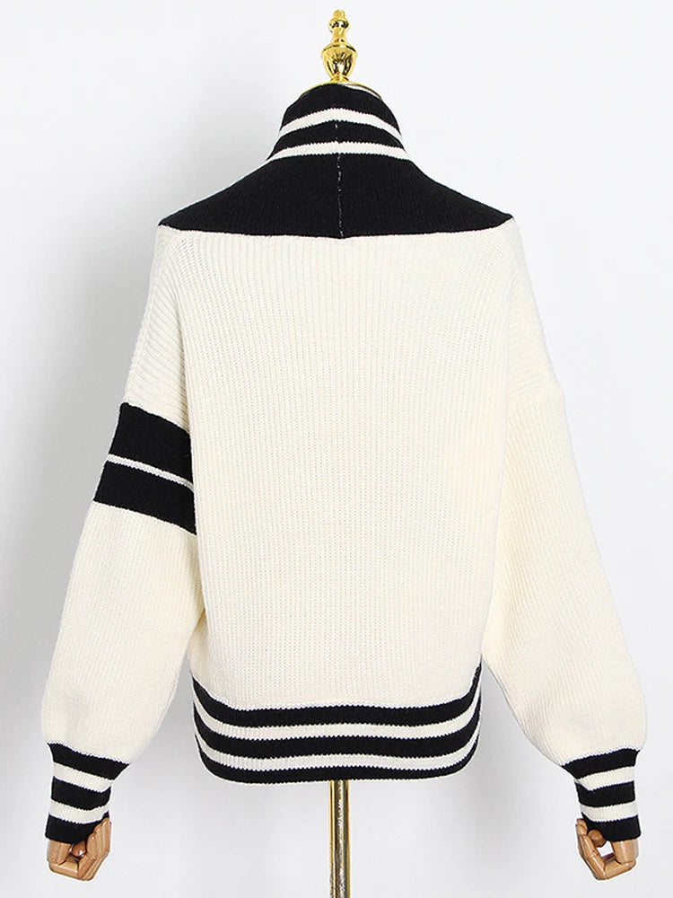 V Neck Long Sleeve Striped Knitting Spliced Button Loose Cardigan