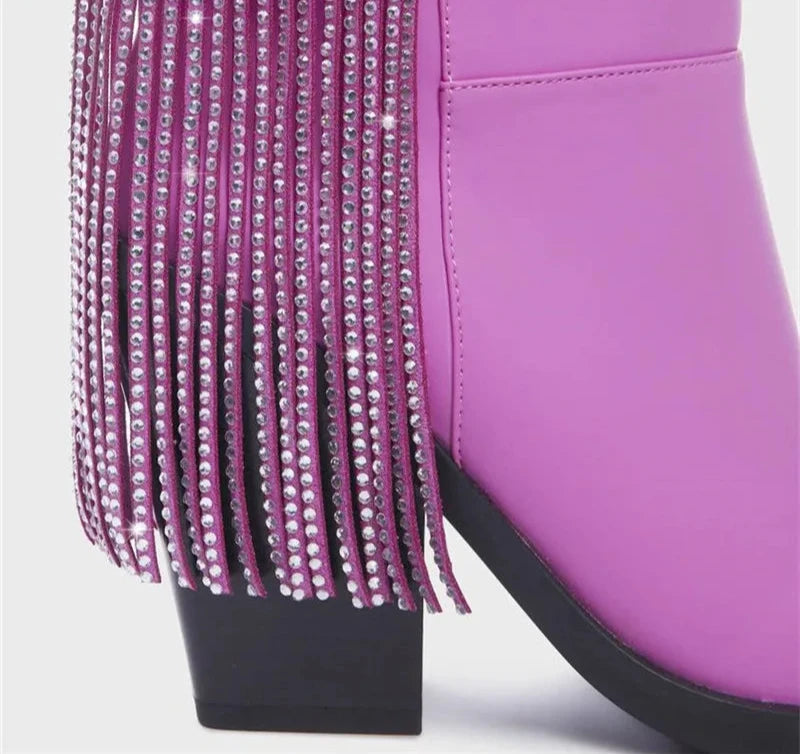 Rhinestone Fringe Crystal Tassel Pointed Toe Block High Heels Ankle Boots