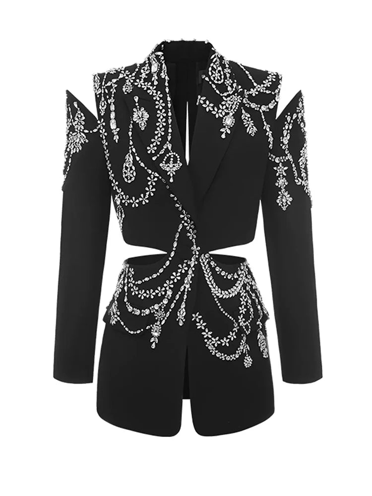 Patchwork Diamonds Blazers Notched Collar Long Sleeve Hollow Out Blazer