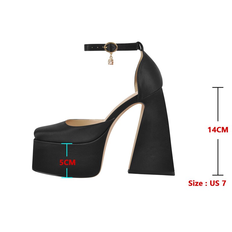Chunky Platform Pumps Ankle Strap Triangle Heel Shoes