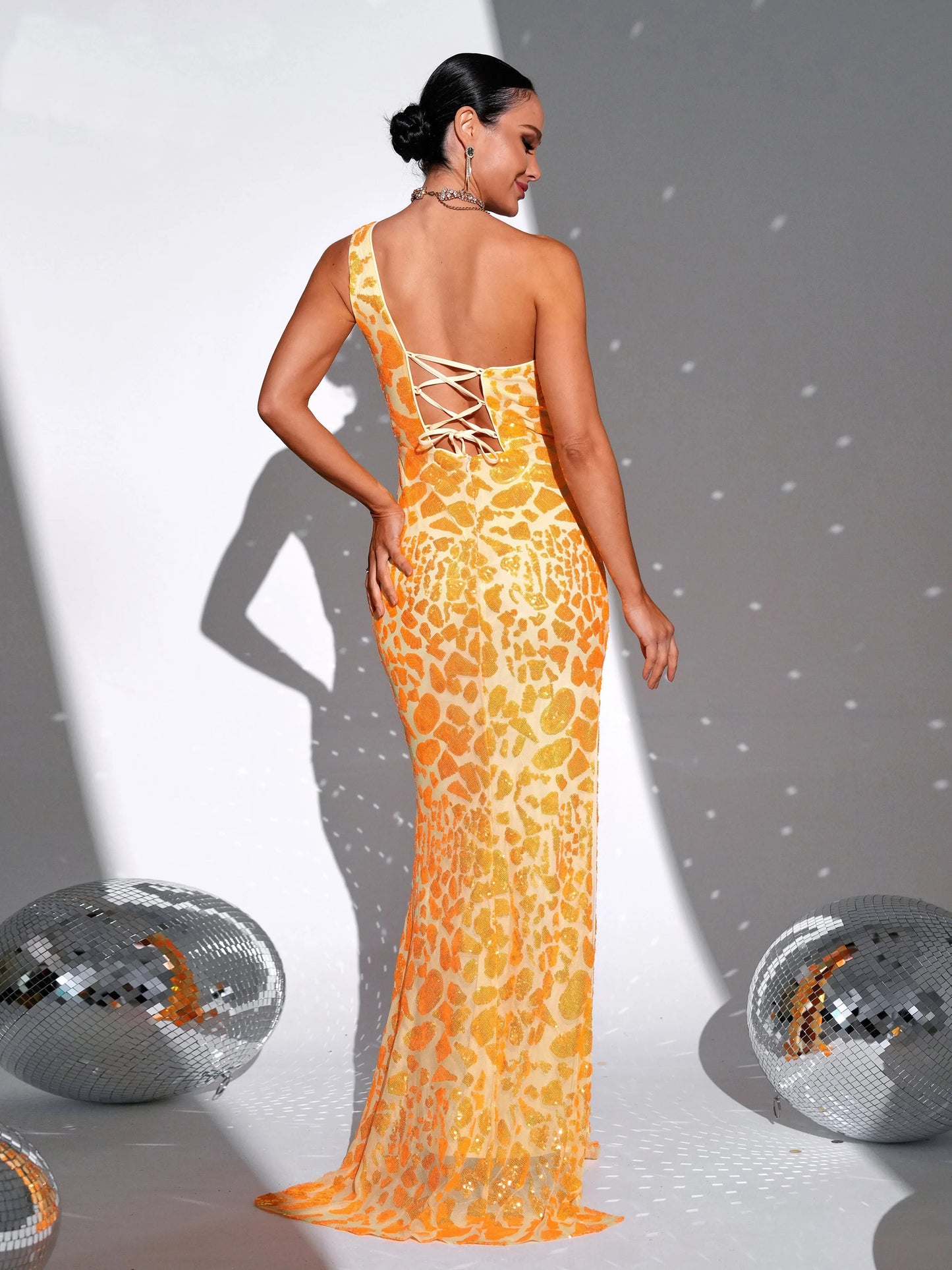 Asymmetrical Neck One Shoulder Sequin Prom Mermaid Maxi Dress