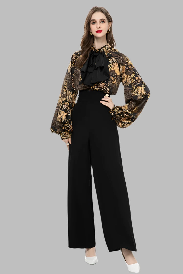 Vintage Print Lantern Sleeve Bow Top High Waist Wide Leg Trousers Set