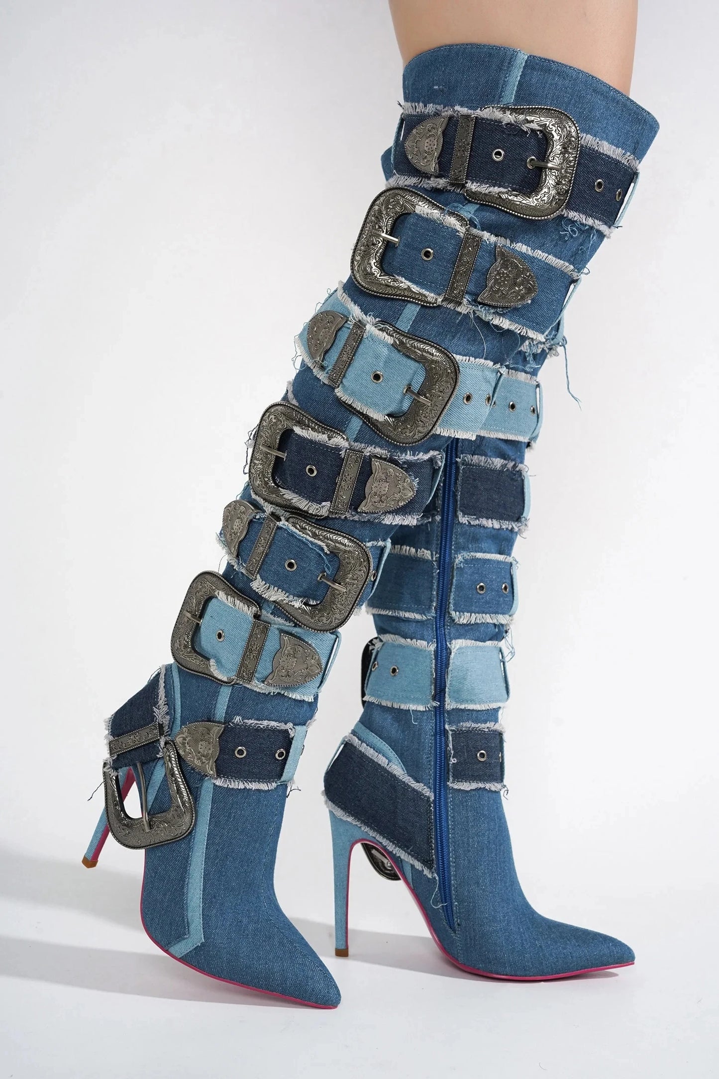 Multicolour Denim Belt Buckled High Heel Over The Knee Boots