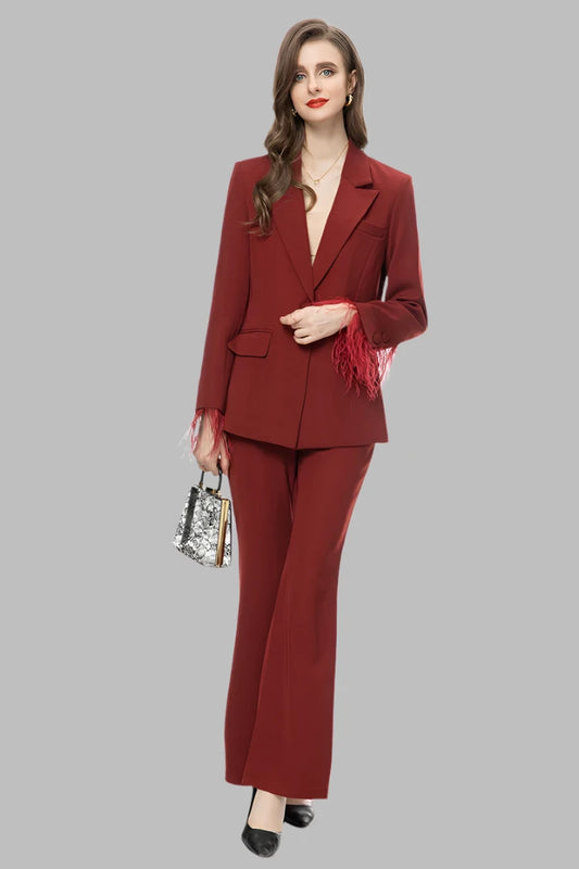 Lapel Caller Tassels Feather Long Sleeve Blazer Straight Trousers Set