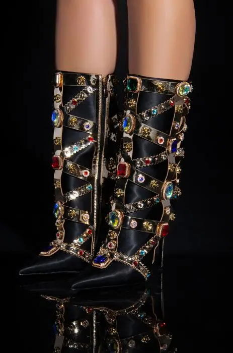 Colourful Bling Crystal Gem Pointed Toe Knee High Boots