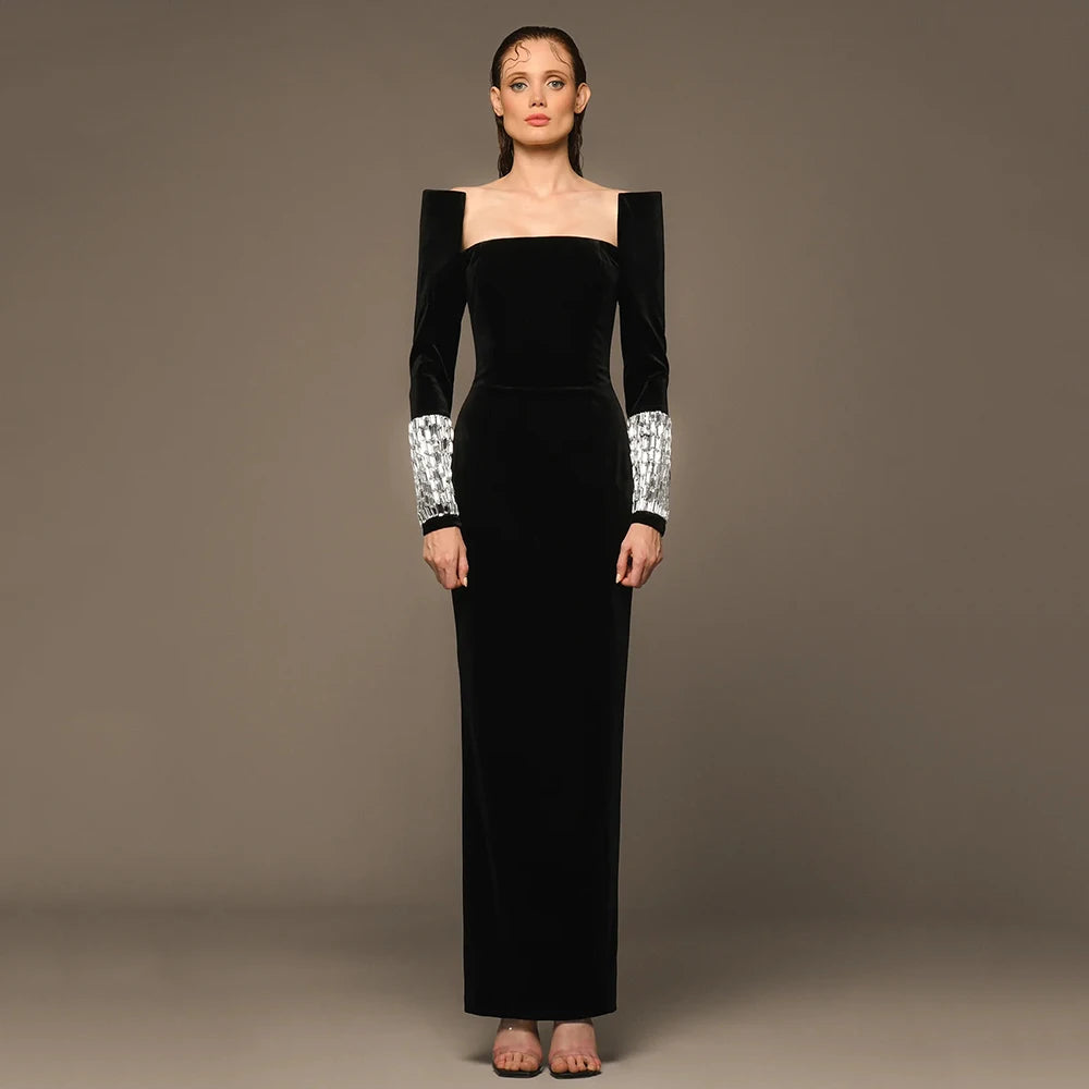 Square Neck Diamond Decor Long Sleeve Tight Maxi Bandage