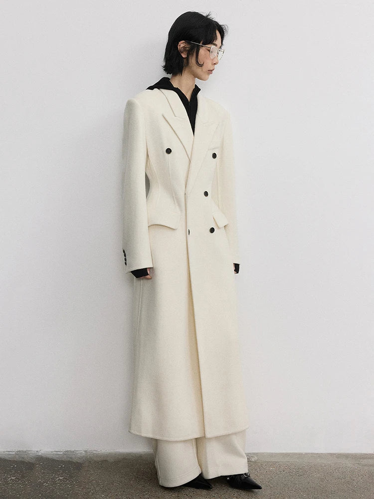 Lapel Caller Slim Wide Seam Pressed Thread Woollen Maxi Overcoat