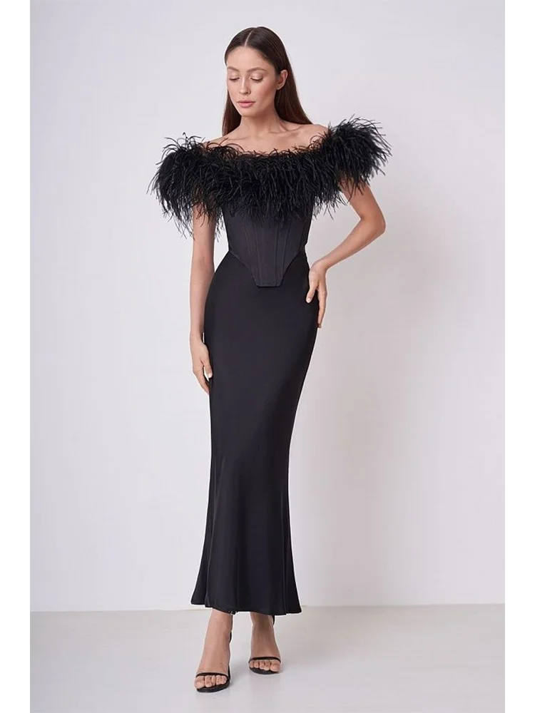 Bandage Feathers Sleeveless Backless Mini Top High Waist Maxi Skirt Set