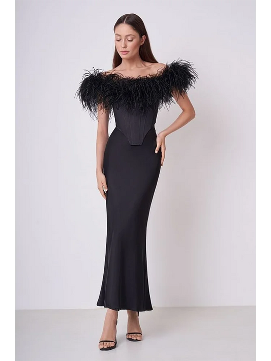 Bandage Feathers Sleeveless Backless Mini Top High Waist Maxi Skirt Set