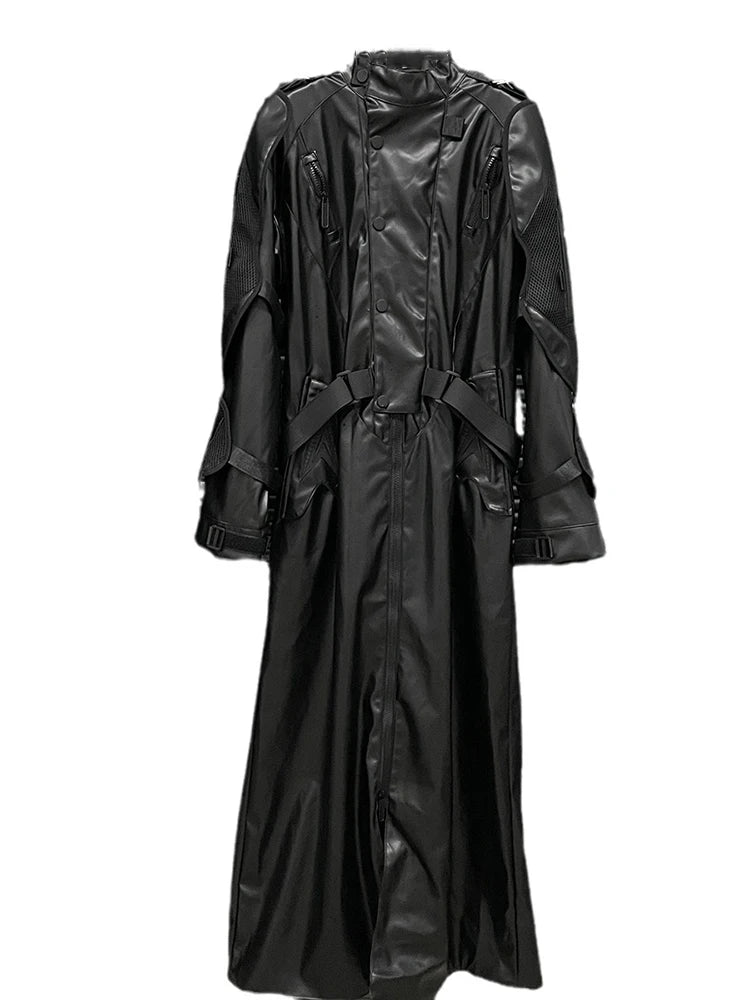 Structural Cuff Shoulder Patchwork PU Leather Maxi Trench Coat