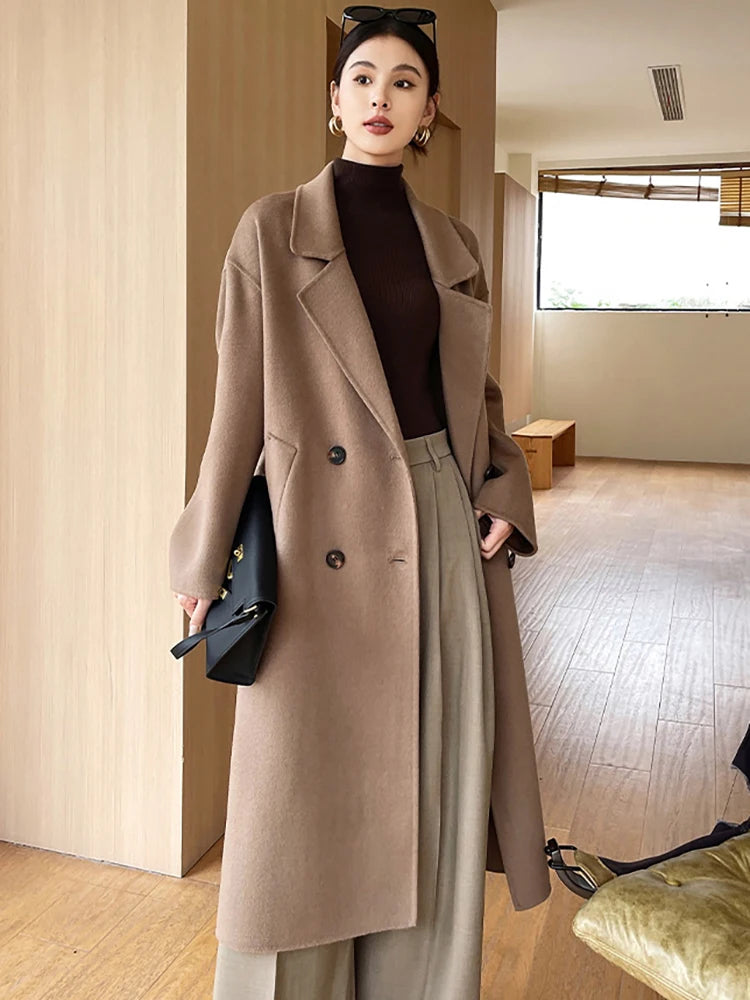 Turn Down Collar Loose Double Breasted Long Sleeve Sashes Wool Coat