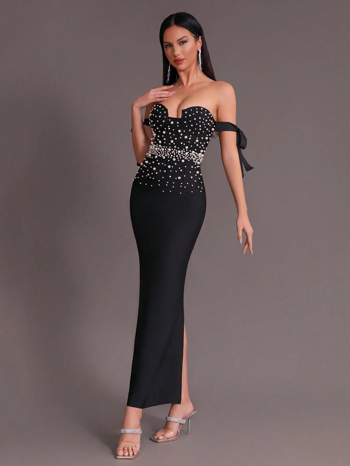 Off Shoulder Luxury Pearl Patchwork Tight Long Bandage Maxi Dress