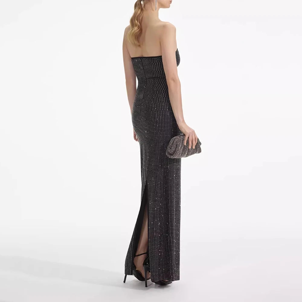 Patchwork Sequins Deep V Neck Sleeveless Hollow Out Maxi Dress