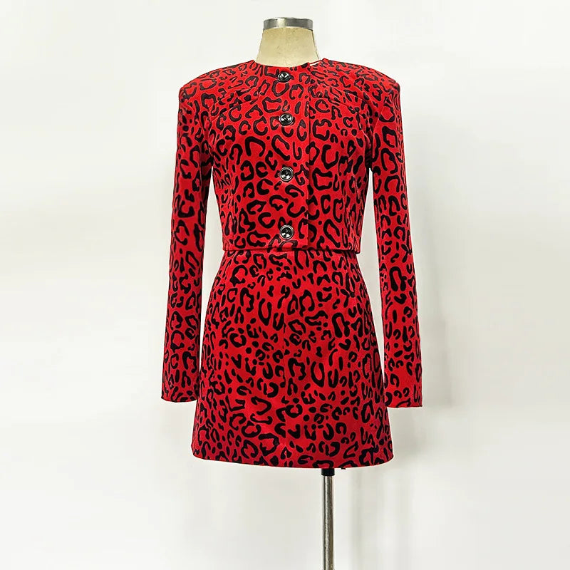 O-Neck Leopard Velvet Buttoned Mini Coat Leopard Print Mini Skirt Set