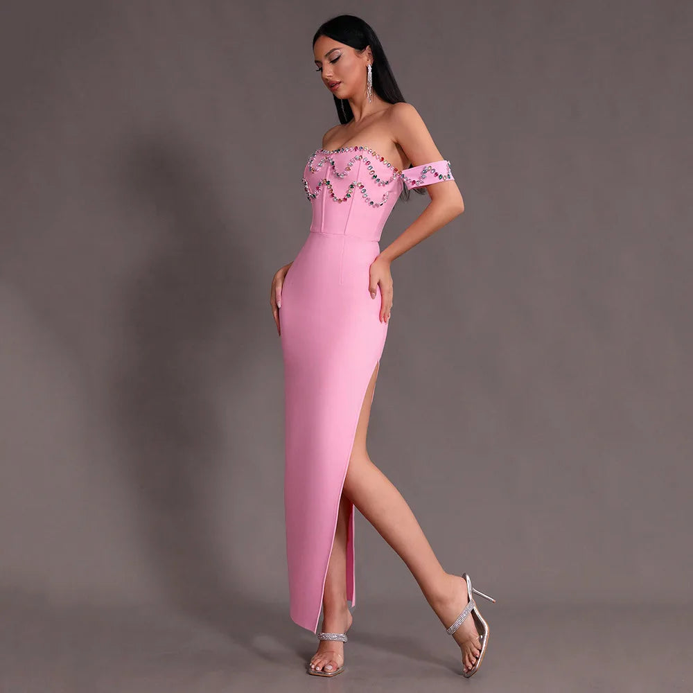 Split Off Shoulder Diamond Decor Bandage Ball Maxi Dress