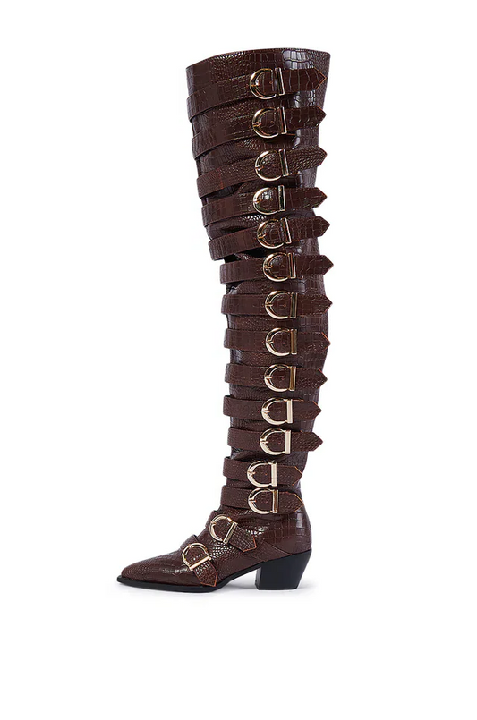 Pointed Toe PU Leather Thick Heels Zip Belt Over The Knee Boots