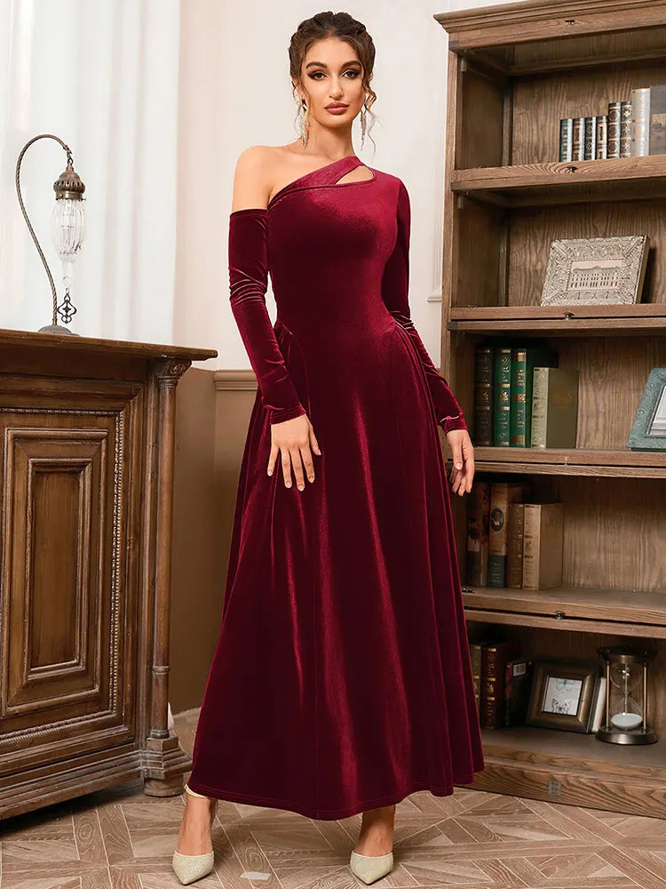 Velvet Slant Neck Long Sleeve Loose Hundred pleats Maxi Dress