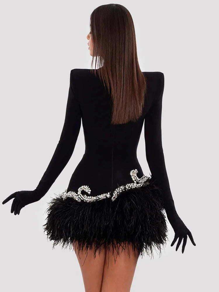 Long Sleeve With Gloves Crystal Feather Patchwork Velvet Mini Dress