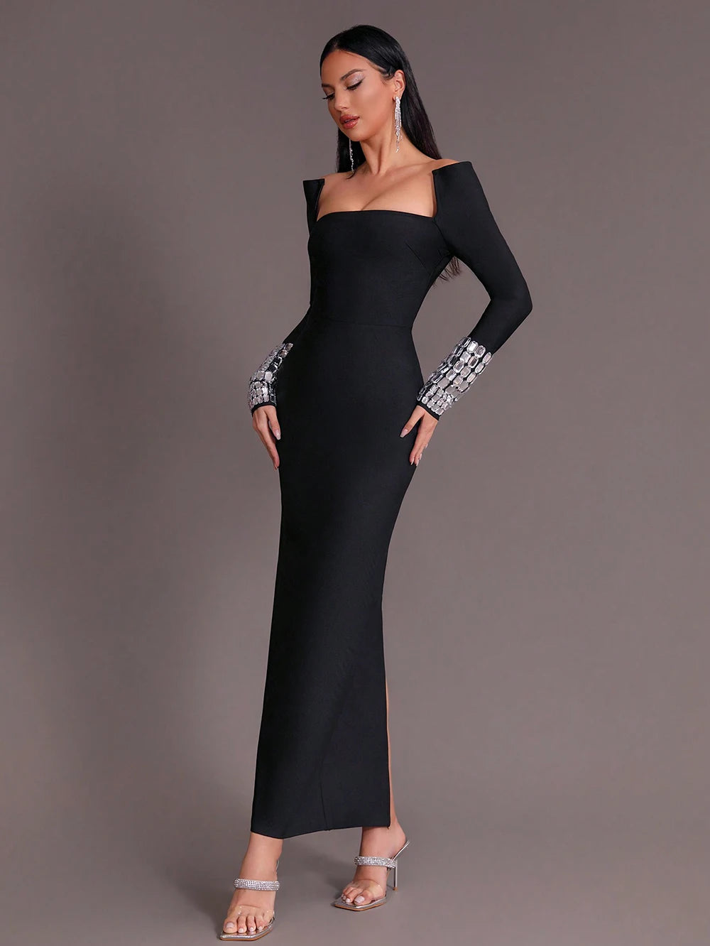 Square Neck Diamond Decor Long Sleeve Tight Maxi Bandage