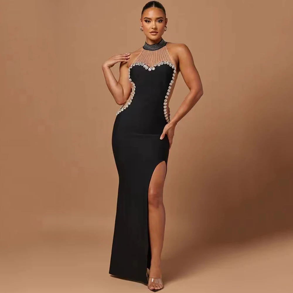 Sleeveless Diamond Decorative Mesh Maxi Bandage Dress