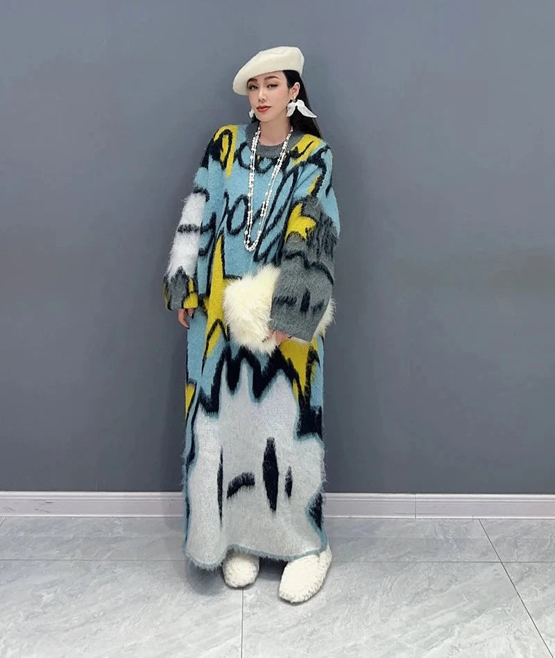 Printed O-Neck Long Sleeve Thick Maxi Knitted Pullover Dress