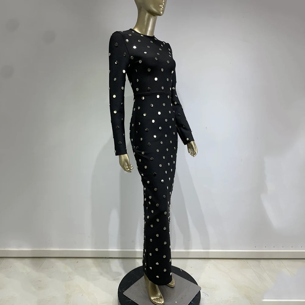 Long Sleeve Sequin Button Polka Dot Tight Maxi Bandage Dress