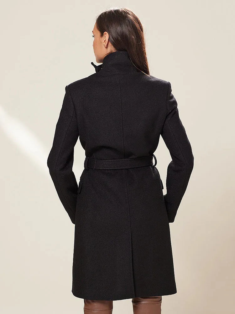 Stand Collar Long Sleeve Zipper Lace-up Slim Woollen Overcoat