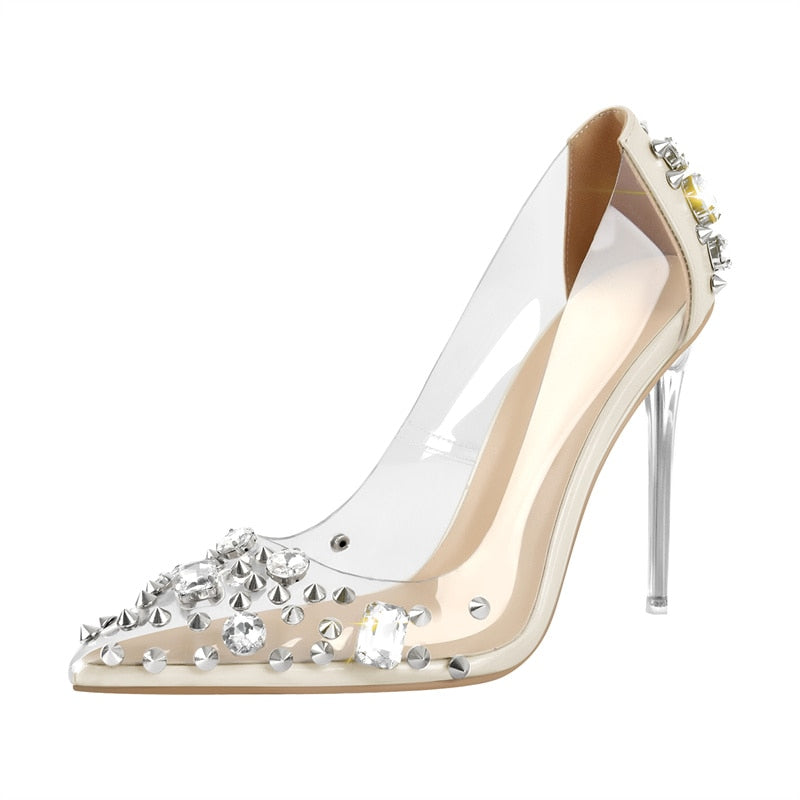 Pointed Toe PVC Pumps Rhinestone Slip On Metal Heels Shoes