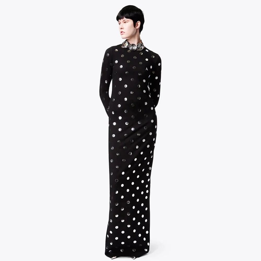 Long Sleeve Sequin Button Polka Dot Tight Maxi Bandage Dress