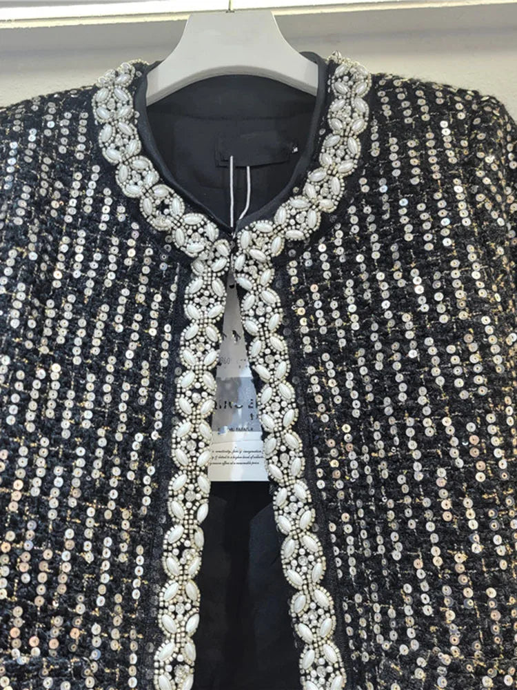 O Neck Detachable Feather Long Sleeve Pearl Sequins Mini Coat