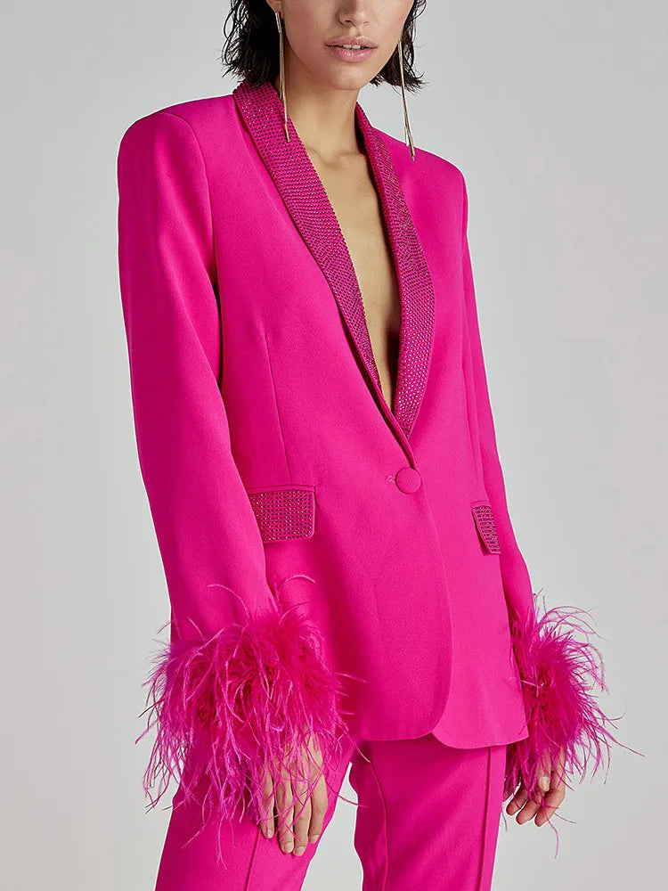 Shawl Collar Detachable Feathers Long Sleeve Patchwork Diamonds Blazers