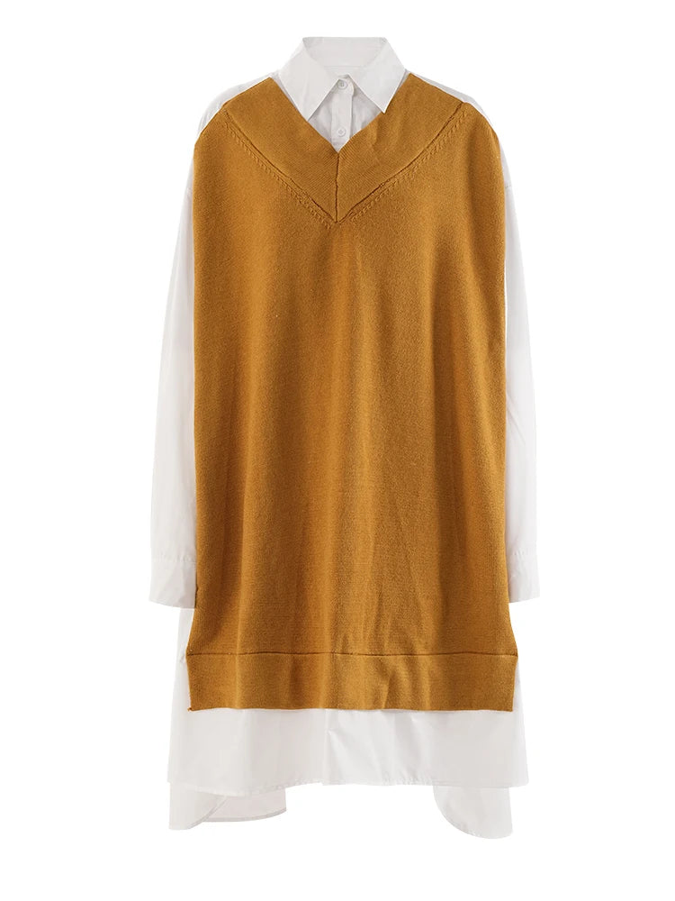 Turn-down Collar Knitted Shirt Single Breasted Loose Mid Dress