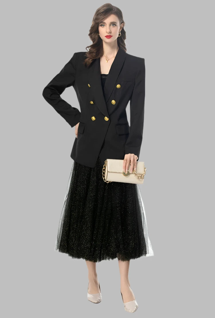 Long Sleeve Gold Button Blazer Mash Polka Dot Flutter Skirt Set