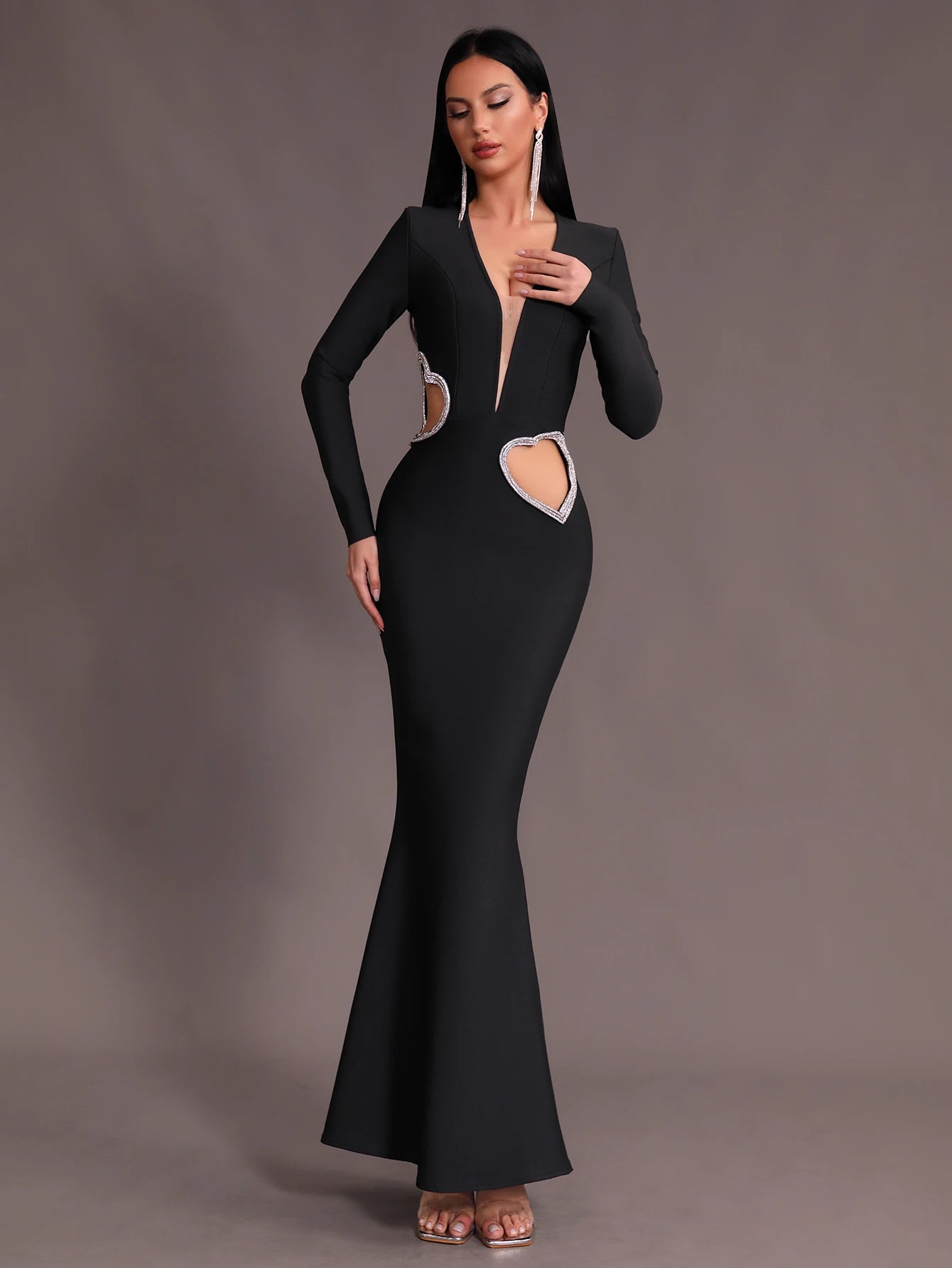 V-neck Belt Hollow Heart Diamond Mermaid Bandage Maxi Dress