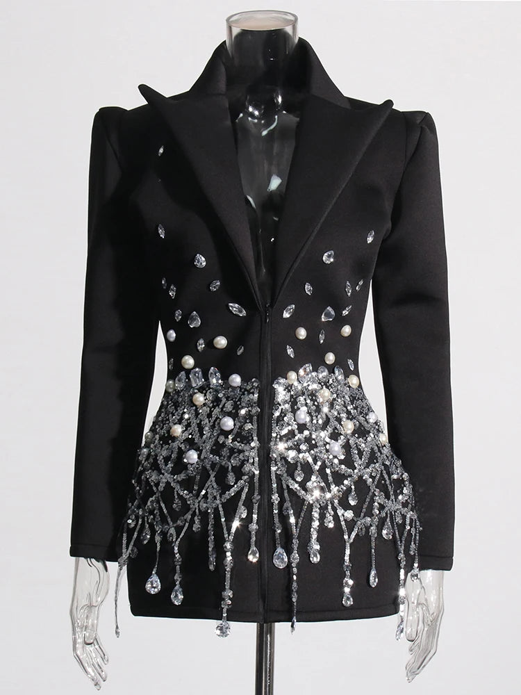 Patchwork Beading Diamonds Long Sleeve High Waist Blazer Dress