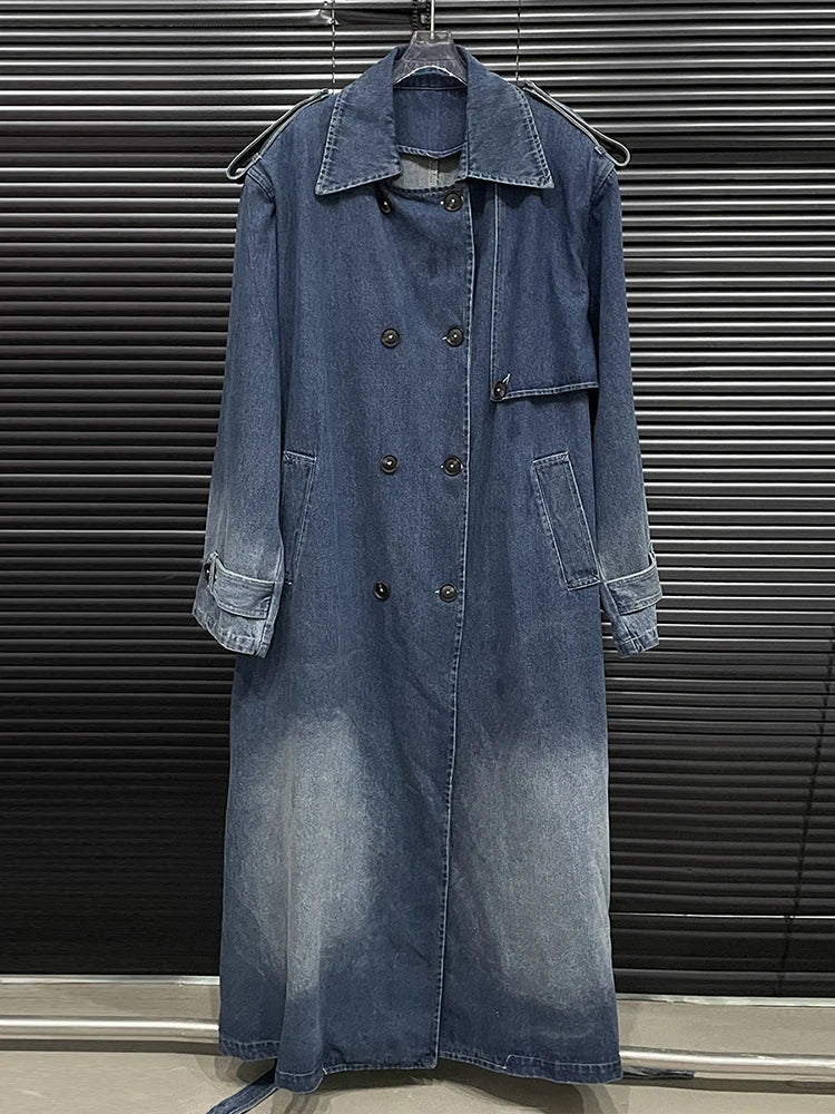 Belt Long Trendy Lapel Double Breasted Denim Coat