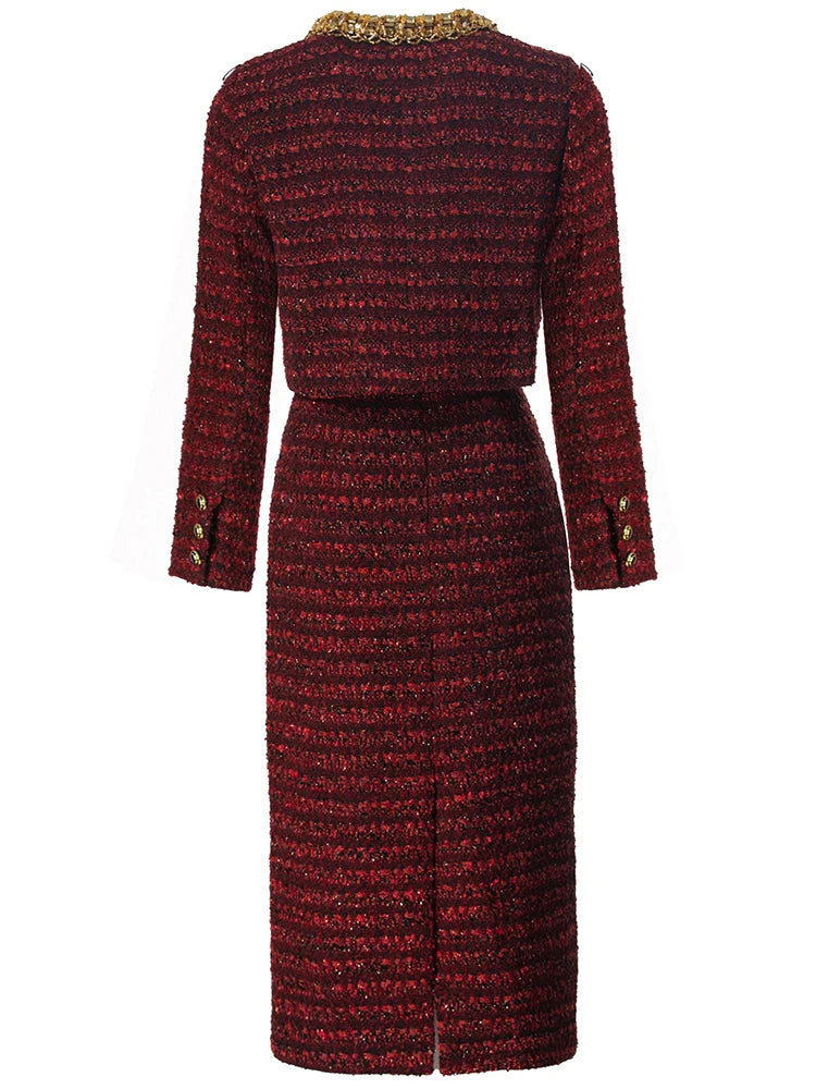 Striped Tweed Diamonds O Neck Single Breasted Mini Coat Mid Skirt Set