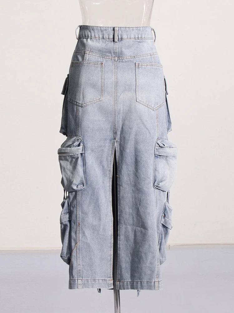 Spliced Pockets Split Denim High Waist Patchwork Buttons Mid Skirts