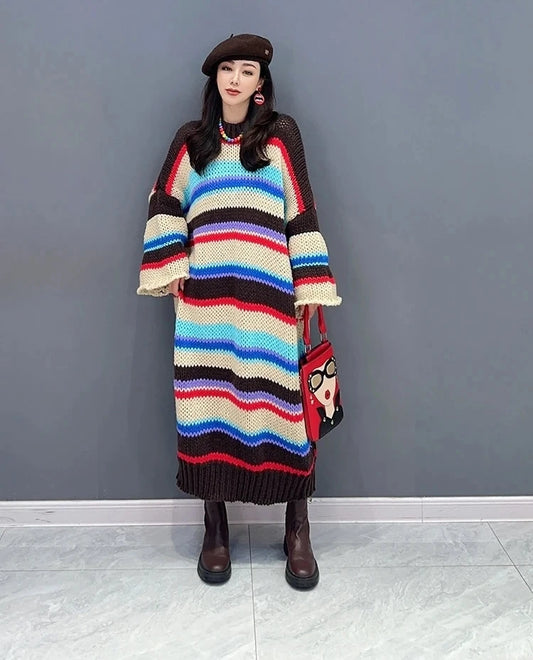 Colour Patchwork O-neck Long Sleeve Maxi Knitted Pullover Dress