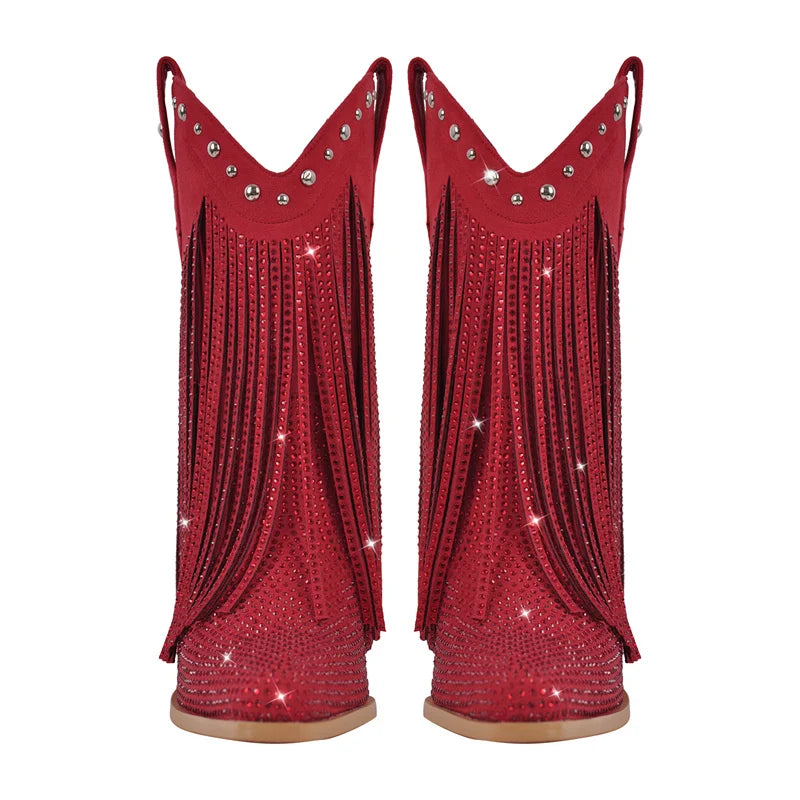 Pointed Toe Rhinestone Bling Pointed Toe Fringe Mid Boots