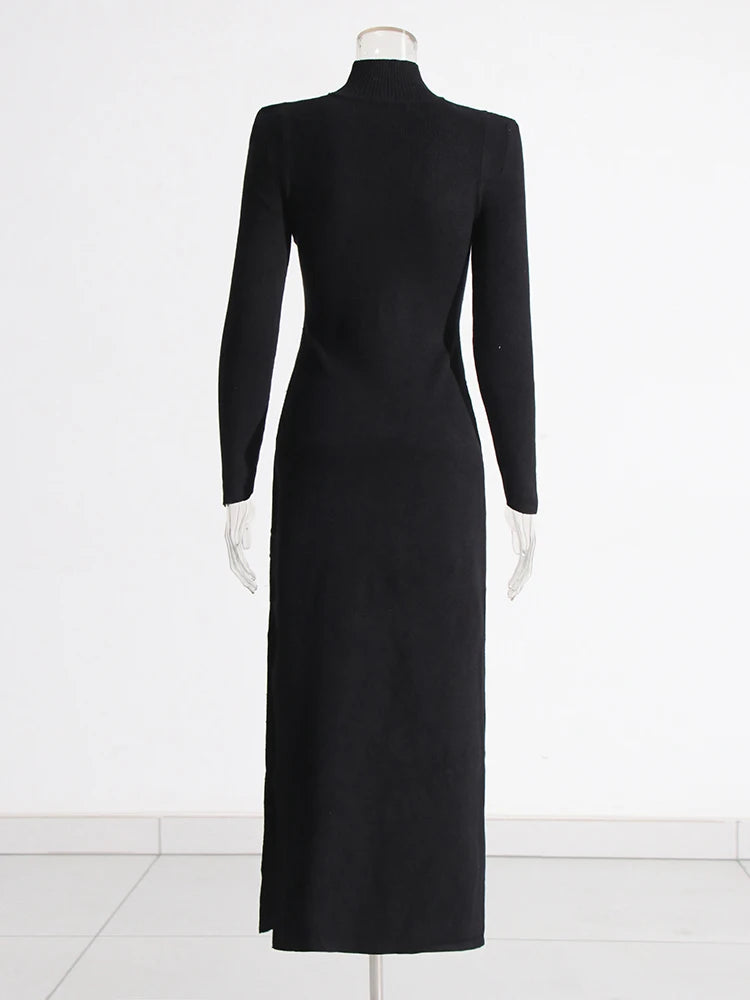 Spliced Belt Split Stand Collar Long Sleeve High Waist A Line maxi Dress