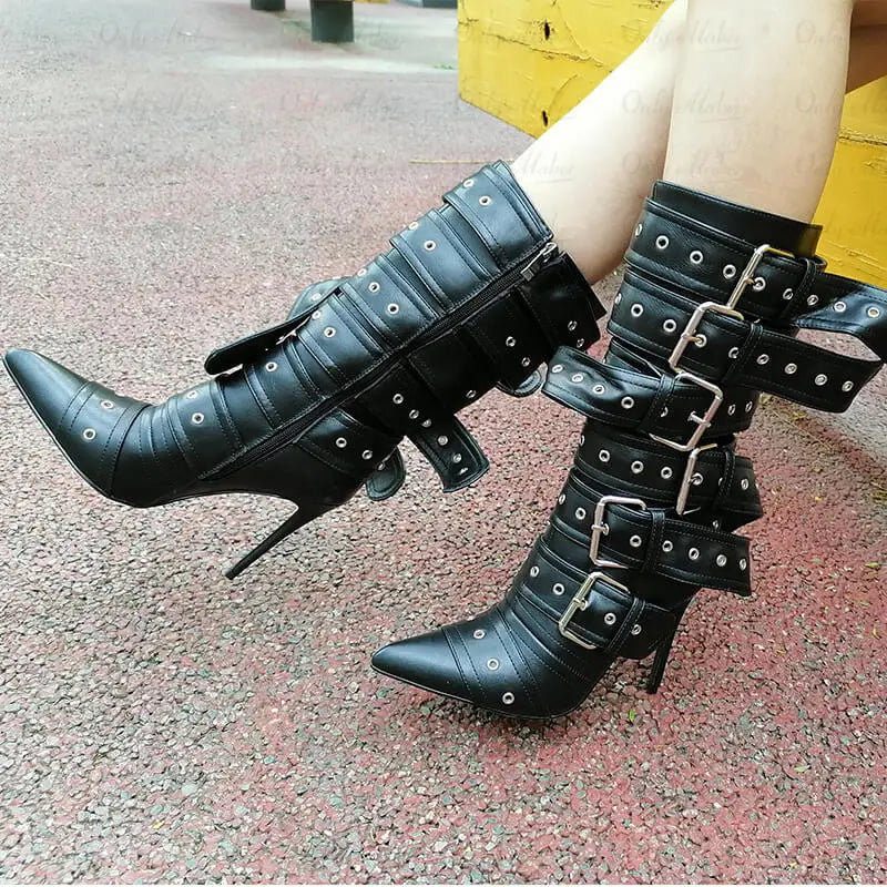 Multiple Buckle Strap Thin High Heel Zipper Side Pointed Toe Mid Boots