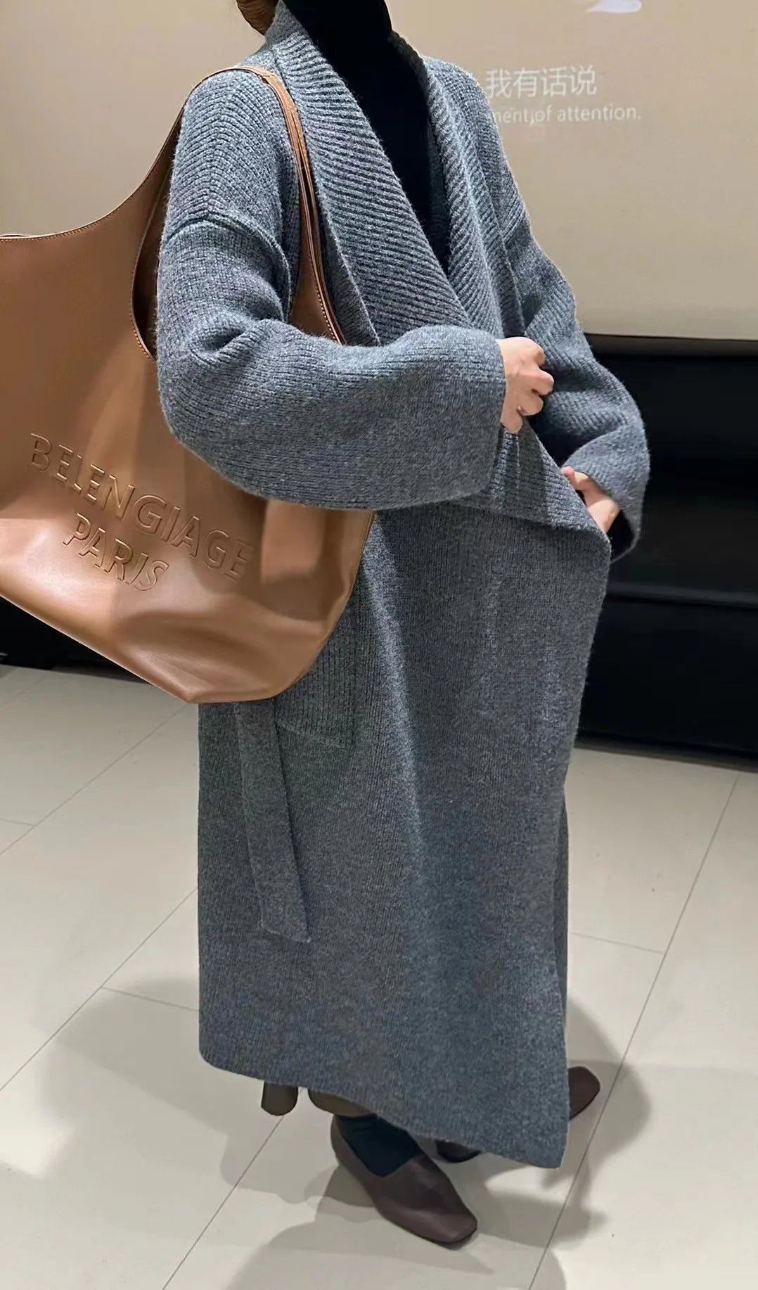 Lapel Loose Fit Long Sleeves Sashes Knitted Cardigan Maxi Coat