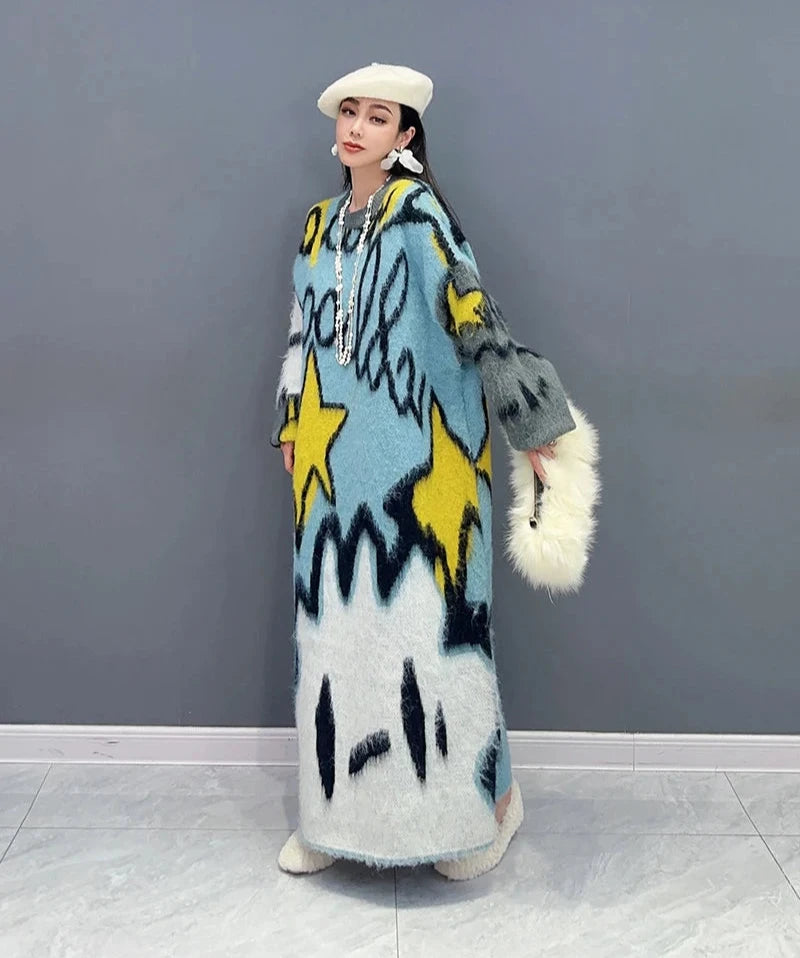 Printed O-Neck Long Sleeve Thick Maxi Knitted Pullover Dress