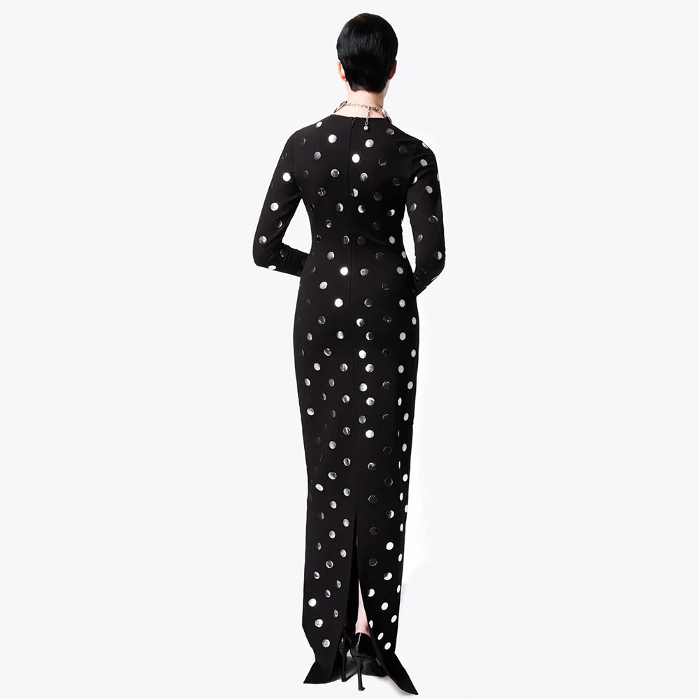 Long Sleeve Sequin Button Polka Dot Tight Maxi Bandage Dress