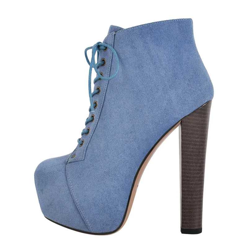 Platform Suede Lace Up Round Toe Thick Chunky Heel Ankle Boots