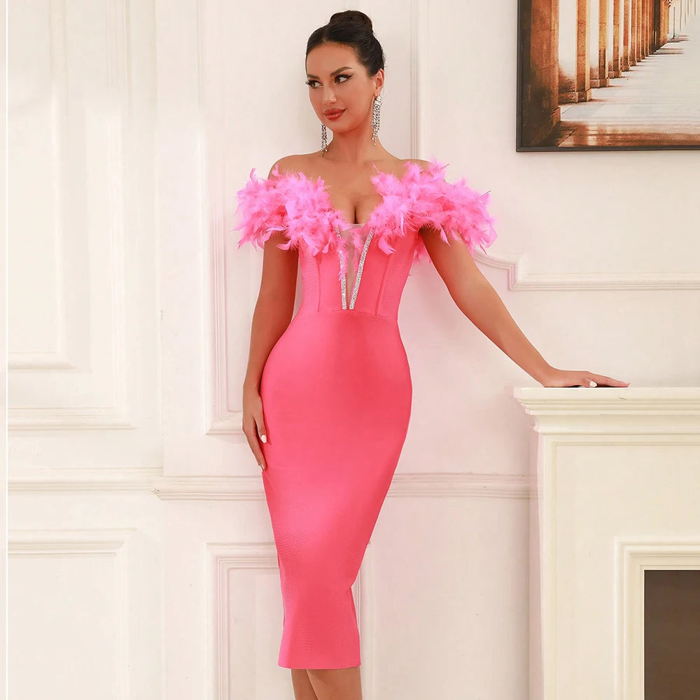 Shoulder less Backless Feather Decor Slim Mid Bandage Dress