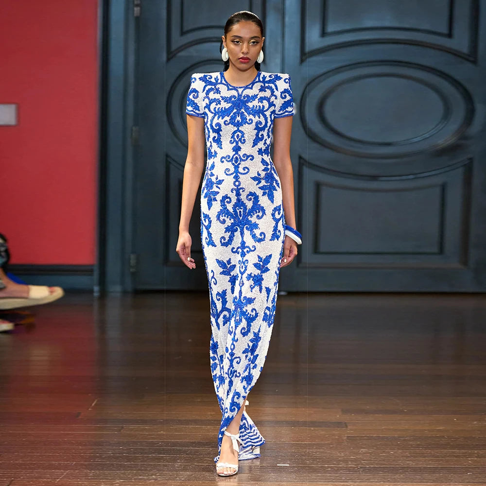 Short Sleeve Blue & White Porcelain Printed Tight Bandage Maxi Dress